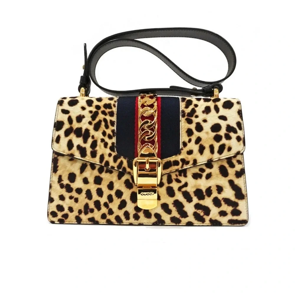 💯% Auth GUCCI Leather Bag - Sylvie Calf Hair Harako Leopard Print Shoulder Bag